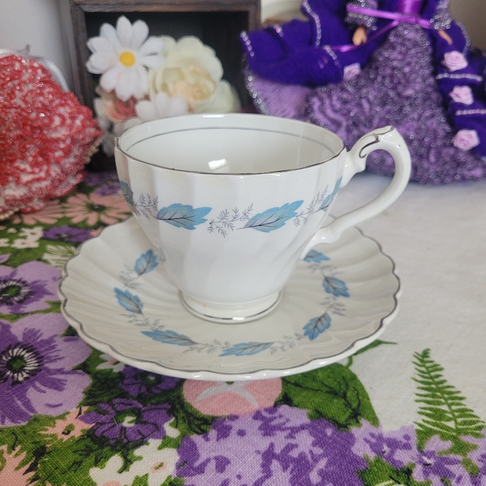 vintage Myott Staffordshire China-Lyke" teacup and saucer set Ironstone Blue Sil